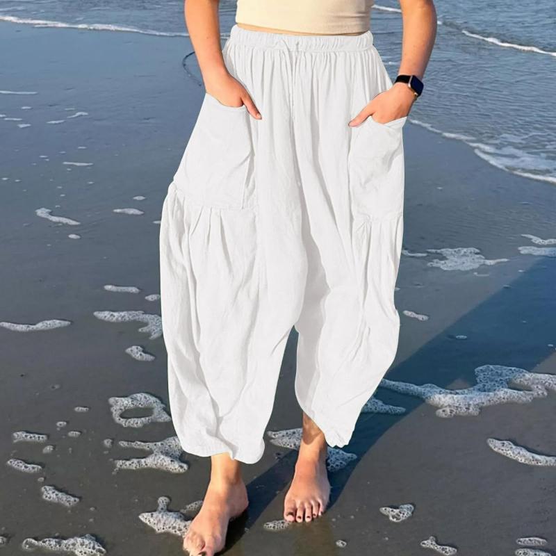 Fashion Lace-up Elastic Waist Pleated Casual Pants Women High Waisted Wide Leg Pants Women Loose Solid Office Lady Trouser 24162