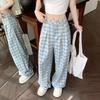 Blue Plaid Wide-leg Pants for Women In Summer New High-waist Drooping Lazy Style Loose Straight Casual Pants
