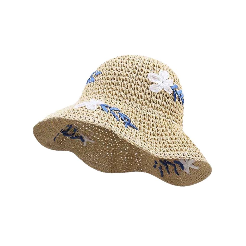 Women's floral straw hat, new summer hollow sunshade sun-protection woven bucket hat, French seaside beach vacation hat