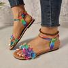 Plus Size Flat Sandals Spring Summer New Round Toe Open Toe Colorful Flower Studded Soft Sole Non-Slip Roman Shoes