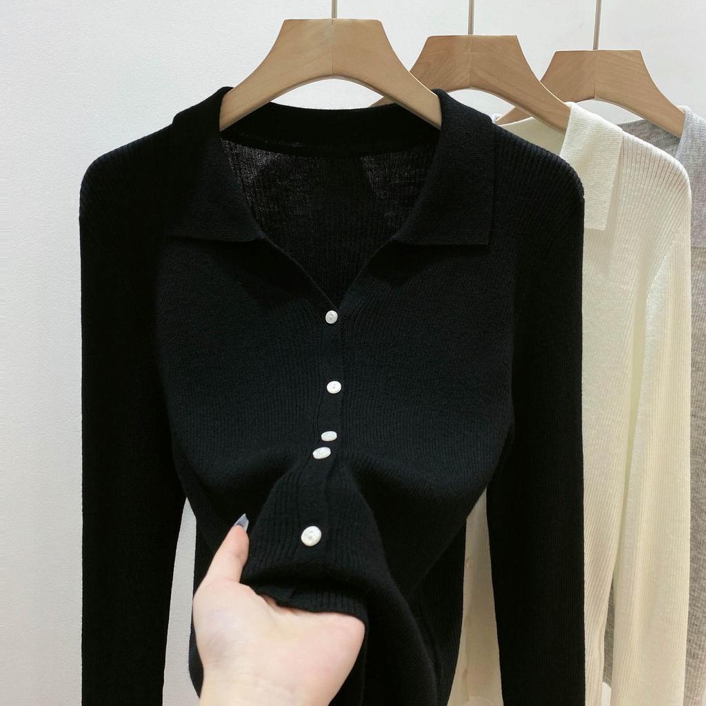 Retro Easy To Wear Amazing Swan Neck Fashionable POLO Neck Solid Color Temperament V-Neck Knitted Sweater Female