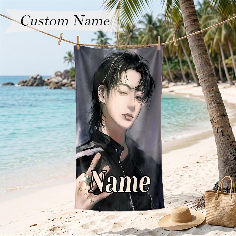Jung Kook Custom Name Printed Beach Towel Personalized Soft Towel For Swimming Beach Travel