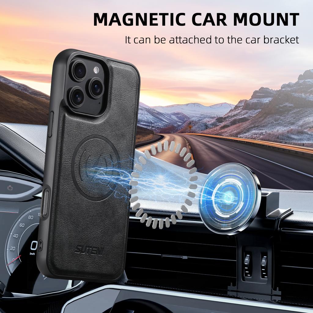 For iPhone 16 Pro Magnetic Case Cowhide Texture Leather Back Cover with Card Bag Kickstand