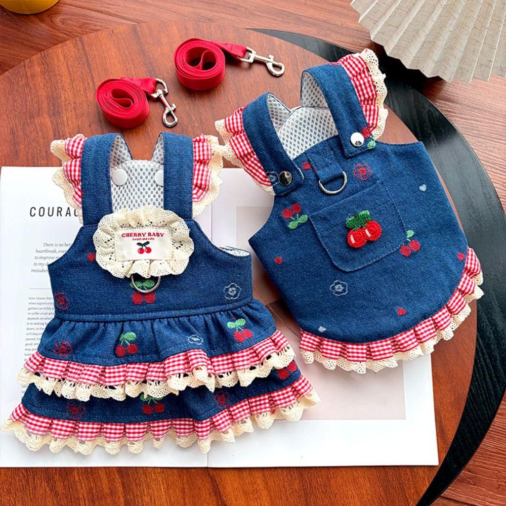 Fashion Trendy Denim Cherry Pet Dog Skirt Breathable Mesh Soft Vest Dog Denim Dress Washable Lace Cat Clothes Cats Kitten