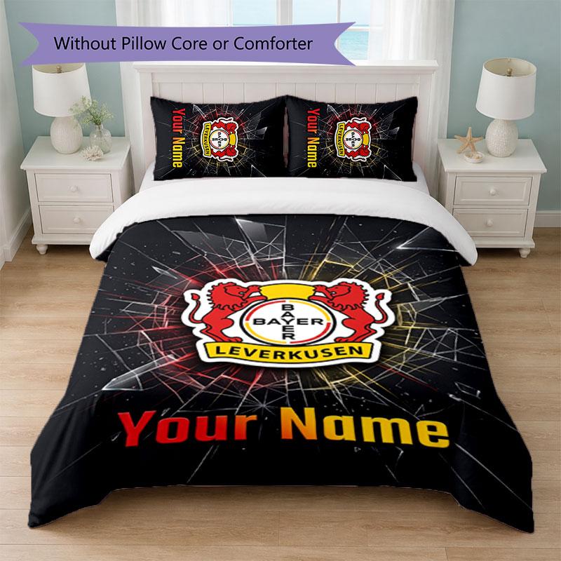 Bayer Leverkusen Football Custom Name Text Bedding Set 1 Duvet Cover+2 Pillowcases Soccer Logo Personalized Gift For Special Occasion Bedroom Decor