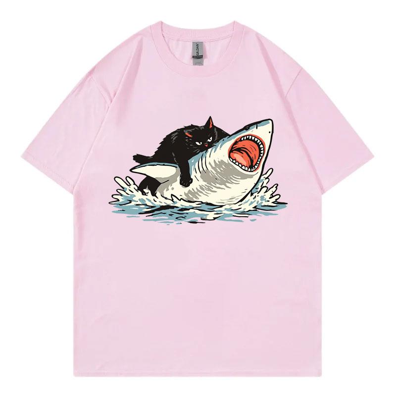 Funny Cat Riding Shark Graphic T Shirts High Street Fashion Trend Short Sleeve Tshirts Unisex Unisex Casual Loose Cotton Tshirt