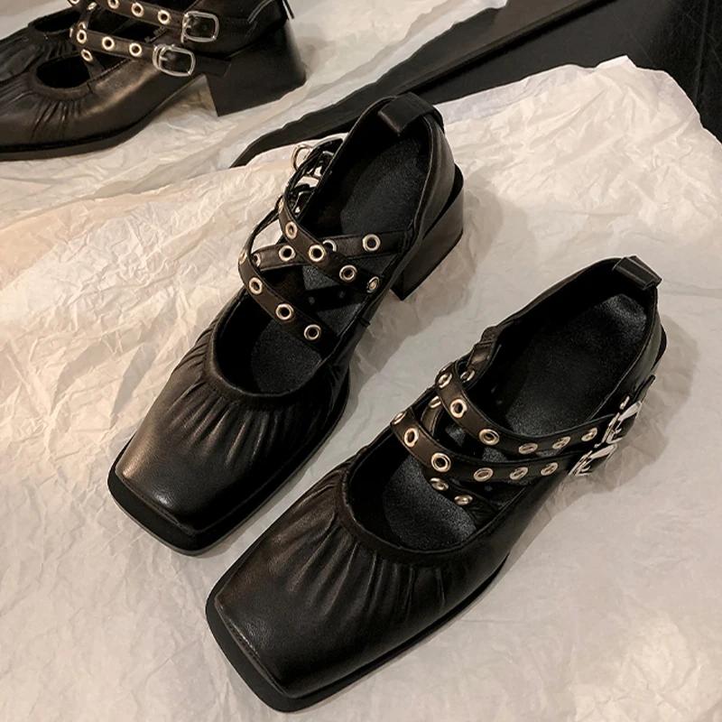 Fashion Women Mid Heels Chunky Shoes Designer Square Toe Shoes 2024 Autumn Fashion Ballet Dance Shoes Pumps Dress Brand Mujer Zapatos