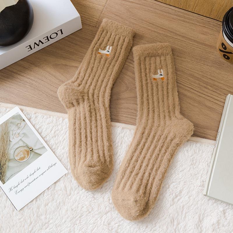 Female Winter Thickened Embroidery Warm Solid Color Vertical Bar Floor Sleeping Tube Socks