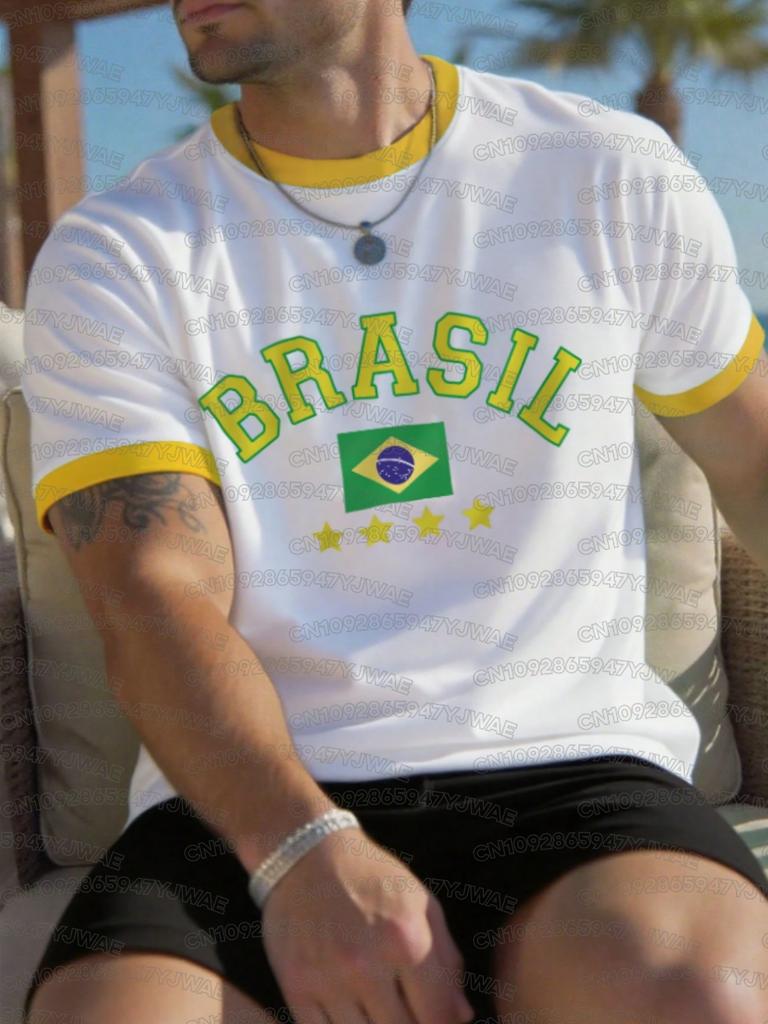 Summer Men's Women's Short Sleeve T-Shirt Brazil Print V-Neck Graphic Tee Jerseys Plus Size Sport T-Shirt