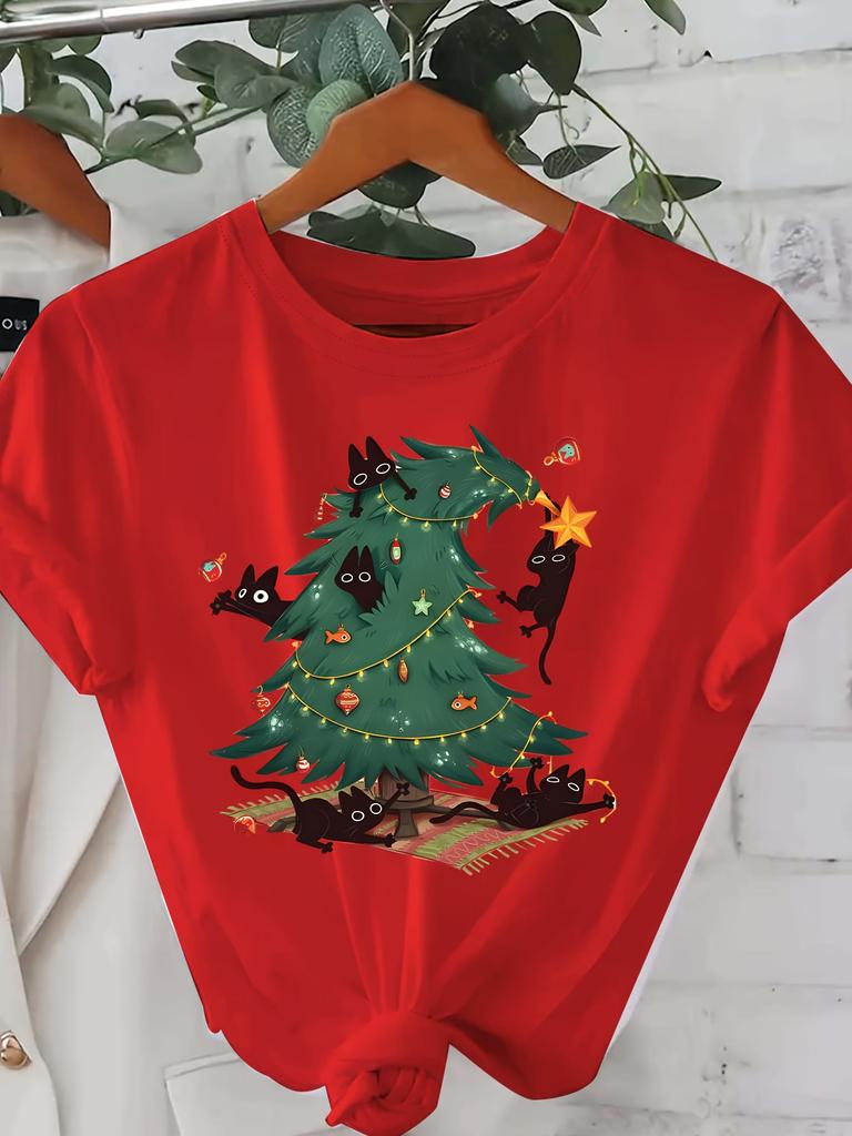 WomenS Christmas Tree Kitten Graphic TShirt Cozy Crew Neck Short Sleeve Summer Sleeved Harajuku Streetwear Tops Tees