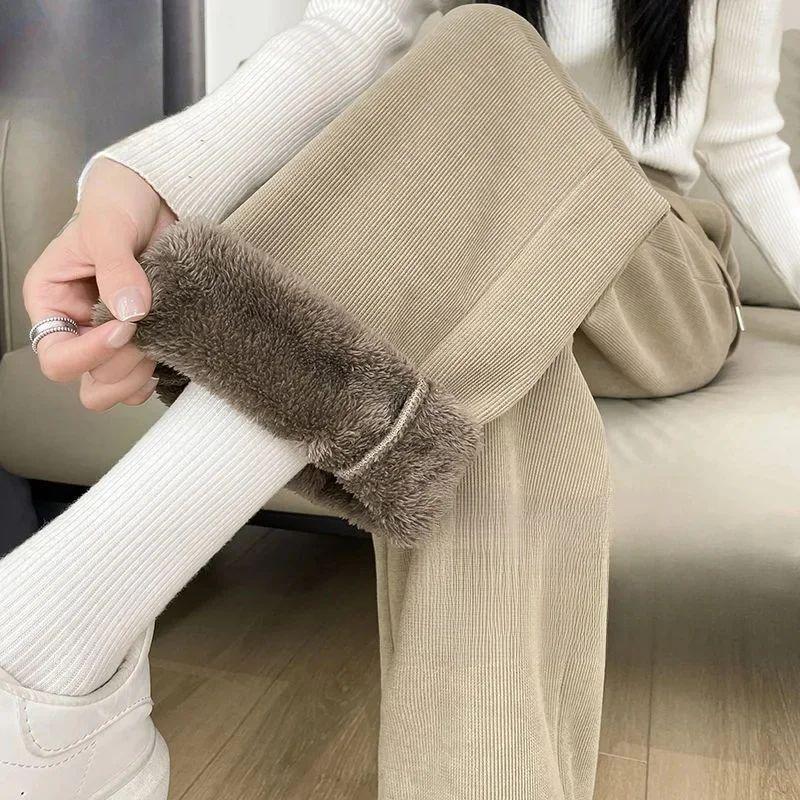 Брюки из толстого осенне-зимнего флиса из овечьей шерсти, на подкладке, свободного кроя с широкими штанинами, модные повседневные брюки, универсальный дизайн, сенсация