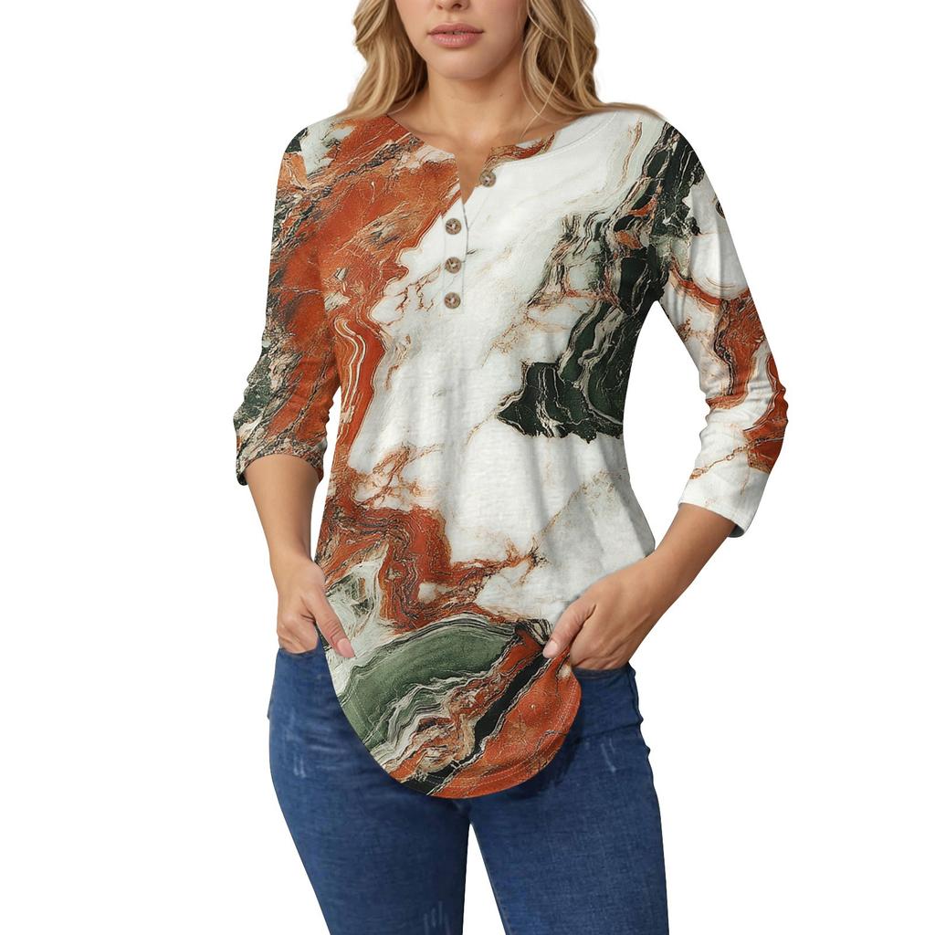 3/4 Length Sleeve Womens Tops Summer T-Shirts Floral Print V Neck Casual Basic Tee Button Shirts Tunic Tops