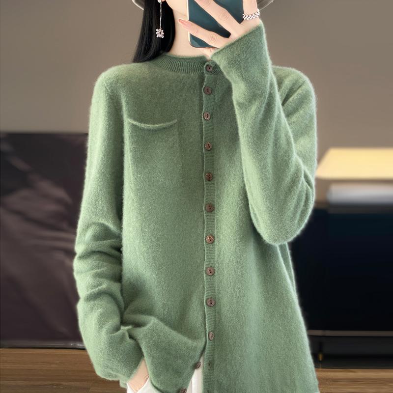 Women's Round Neck Cashmere Cardigan, Qinghe Cashmere, 30% Cashmere 70% Wool, Winter Knitted Pullover Autumn Sweater Cashmere Sweater