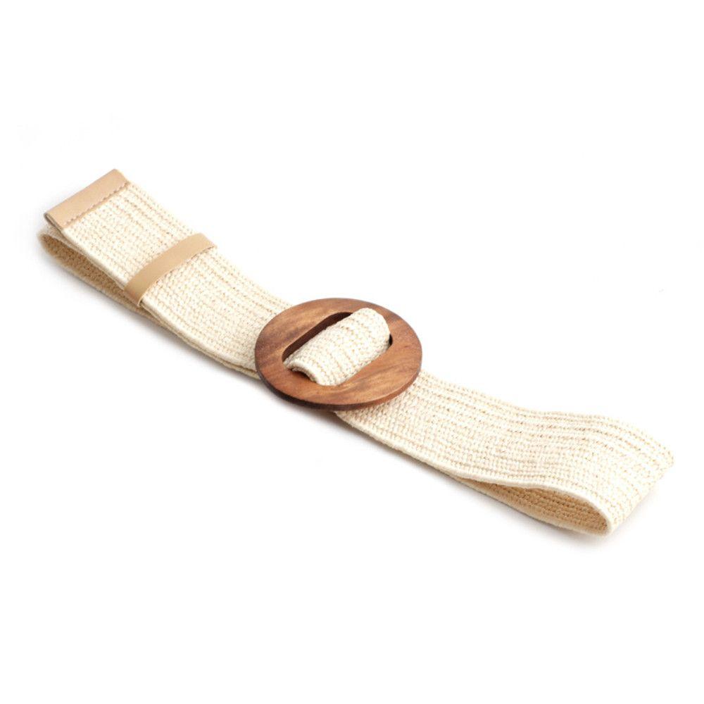 Summer Wide Bohemian Waistbelt Straw Belt Wooden Buckle Elastic