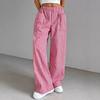 Women Pants Elastic Waist Mid-rise Wide Leg Long Trousers with Pockets Plaid Print Comfortable Casual Trousers