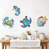 4 Pcs Wooden Beach Wall Decor Colorful Sea Turtle Fish Crab Seahorse Outdoor Sculptures Ocean Theme Wall Art for Garden Fence Home Wall