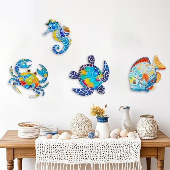 4 Pcs Wooden Beach Wall Decor Colorful Sea Turtle Fish Crab Seahorse Outdoor Sculptures Ocean Theme Wall Art for Garden Fence Home Wall