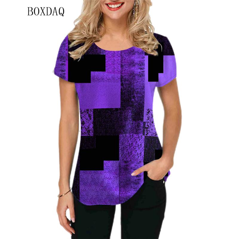 Женские футболки в клетку с геометрическим рисунком и короткими рукавами, женская футболка с 3D принтом и принтом, летние повседневные женские топы большого размера, футболки