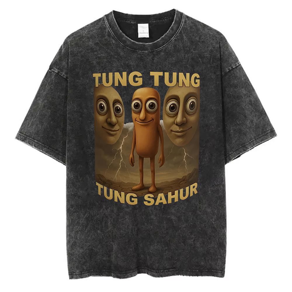 Vintage Washed Cotton TShirt Men Funny Weird Face Graphic Retro Acid Wash Short Sleeve Hip Hop Style Streetwear TShirt
