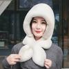 Women Winter Hat with Integrated Scarf Thick Warm Faux Rabbit Fur Solid Color Full Protection Outdoor Cycling Travel Cold Weather Cap
