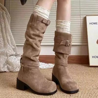 Женские модные ботинки 2024 года без застежек, однотонные, классические, зимние, со складками, на толстом каблуке, мотоциклетные ботинки Zapatos