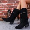 2024 New Trendy Women's Tassel Thick Heel Retro Suede Medium Heel Long Boots Women's Pointed Toe Zipper Fashion Boots