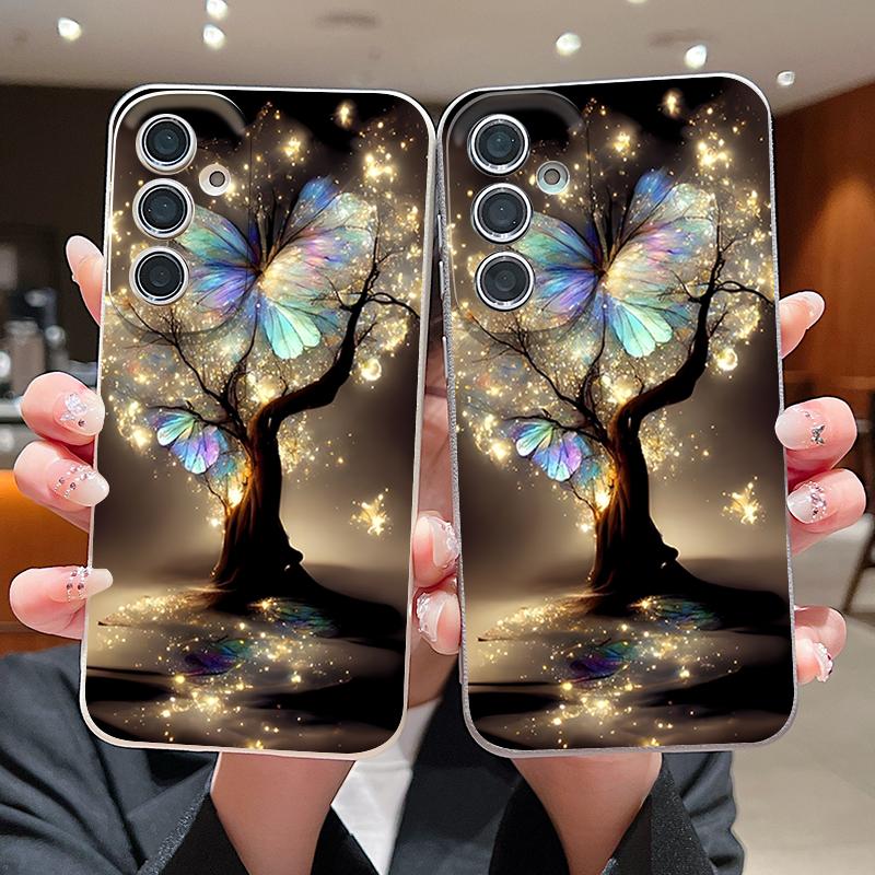 Чехол со светящимся узором «Фантастическое дерево и бабочка» для Samsung Galaxy A57 A56 A55 A54 5G A37 A36 A35 A34 A17 A16 A15 A14 Силиконовый чехол с текстурой кожи