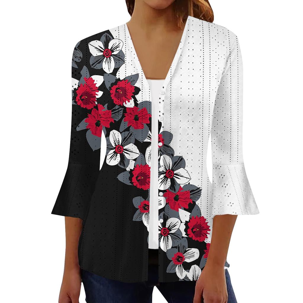 Women's Fashion Loose Casual Printed Three-quarter Sleeve Button Shirt Cardigan Top