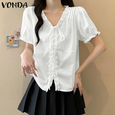 Женская блузка с V-образным вырезом, пышными рукавами, застегивающаяся на пуговицы, с рюшами, однотонная, повседневная
