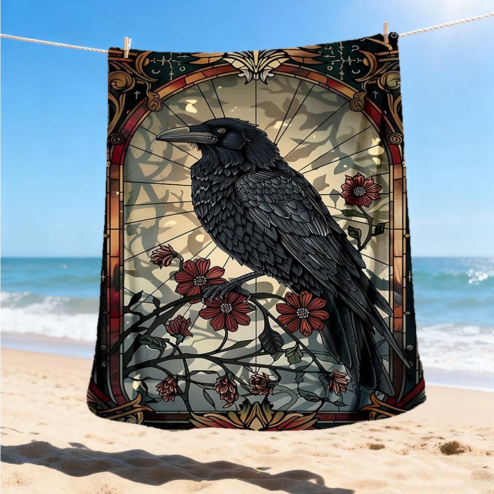 1pc Stained Glass Raven Throw Blanket Polyester Fiber, Lightweight Flannel, Soft & Warm, All Season Use for Outdoor, Camping Digital Print