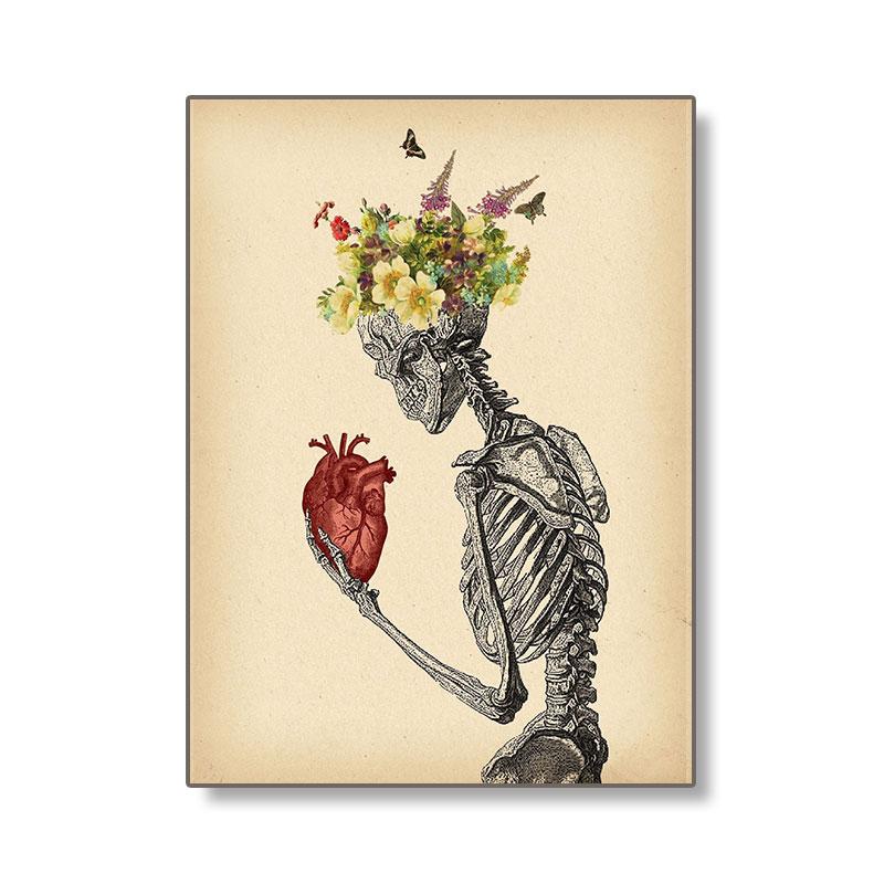 Набор картин на холсте в стиле ретро на тему медицинского образования, изображающий анатомию человека с мышечной системой, черепом и цветочными акцентами для офисного декора