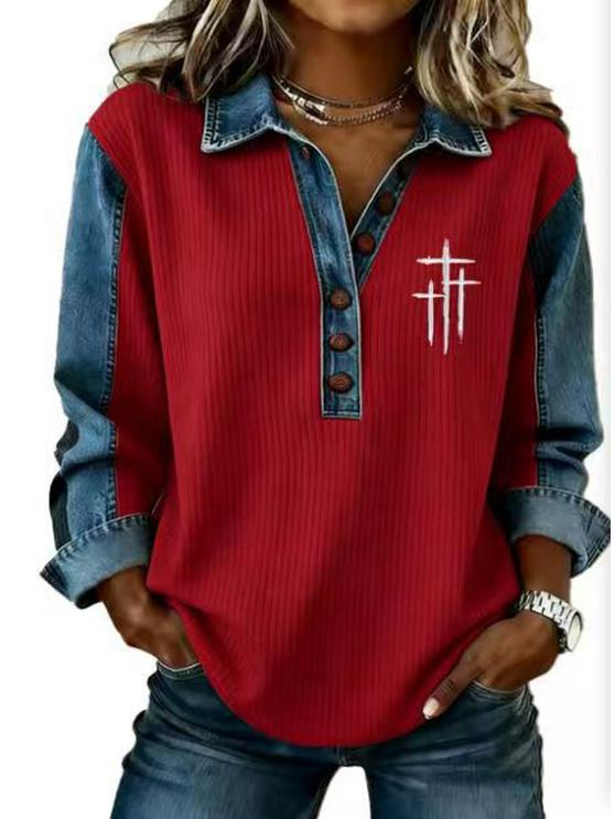 Женская модная джинсовая рубашка-пуловер с лацканами и длинным рукавом 2026