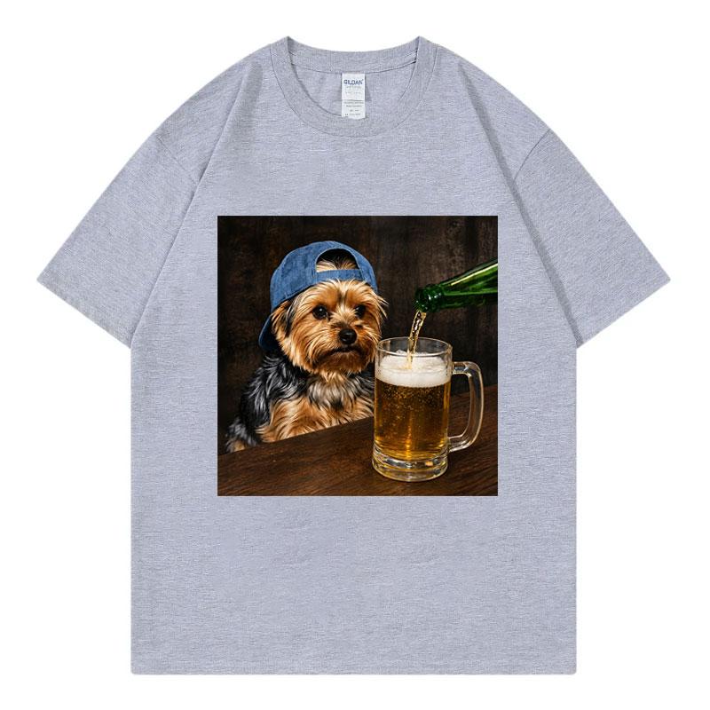 Yorkie Drinking Beer Funny Meme Graphic T Shirts Summer Casual Short Sleeve T-shirtWomen Fashion O-Neck T-shirt