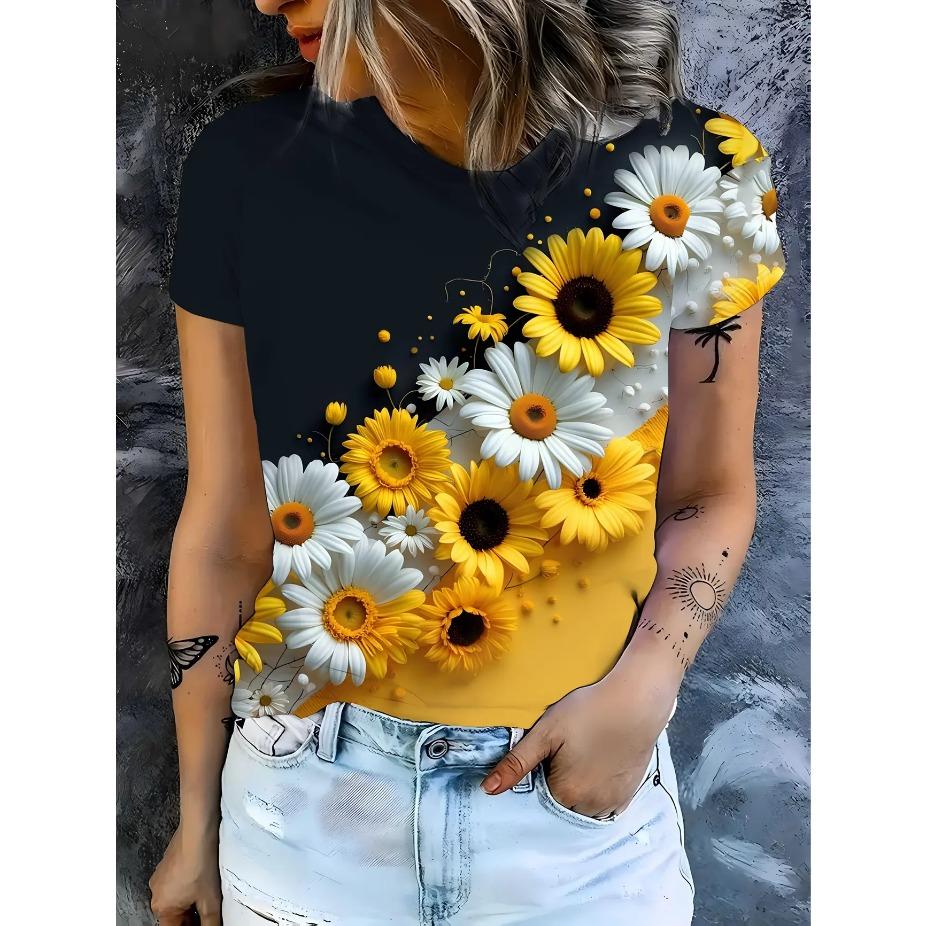 Женская футболка с цветочным принтом - Ярко-желтая и синяя ромашка, круглый вырез, короткий рукав, всесезонный повседневный топ, женские футболки