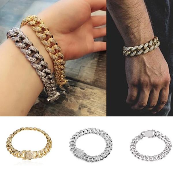 Mens Womens Gold Hand Chain Hip Hop Iced Out Curb Cuban Diamond Paved Clear Rhinestones Bracelet Men Fashion Jewelry