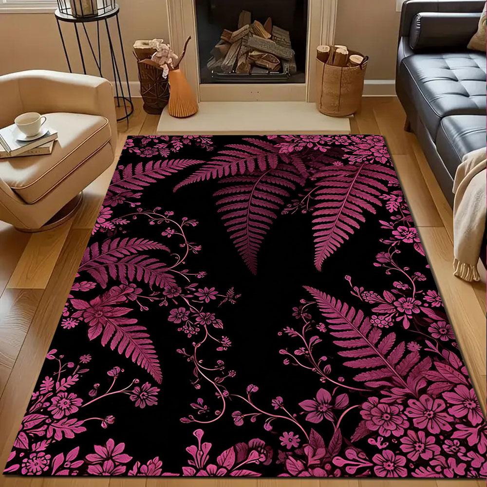 Elegant Pink Floral Fern Design Patterned carpet, non slip mat suitable for living room and bedroom sofas