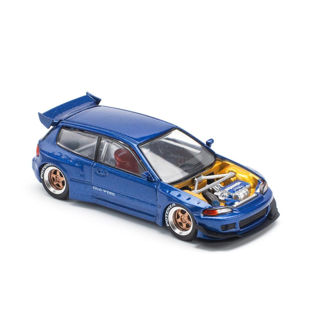 POP RACE Pandem Civic EG6 Metallic Blue Open Bonnet Finished Model PR640174 1/64