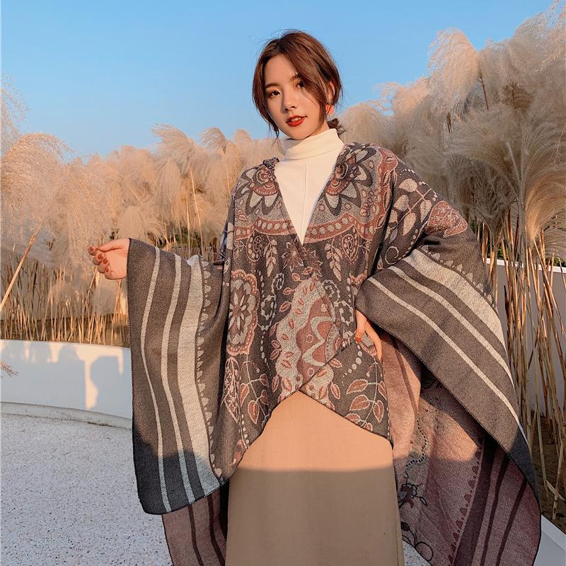 21 Style Big Pendulum Cloak With Hat Arabic Poncho Women Leopard Pocket Shawl Cape Knitted Middle East Split Thick Warm Blanket