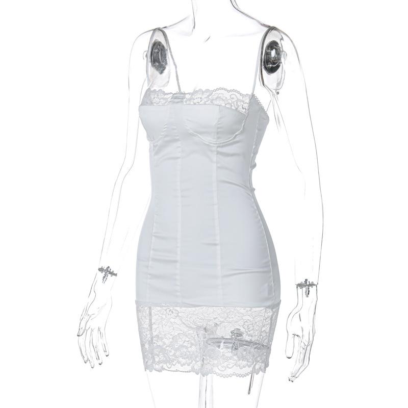 Европейское и американское элегантное однотонное мини-платье без рукавов с подтяжками и кружевной кромкой в стиле Y2K