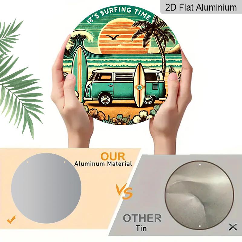 2D Flat, 1pc Round Aluminum Sign, "It's Surfing Time" Retro Beach Van Design, Vintage Surfing & Palm Tree Metal Wall Art, Ideal for Beach House