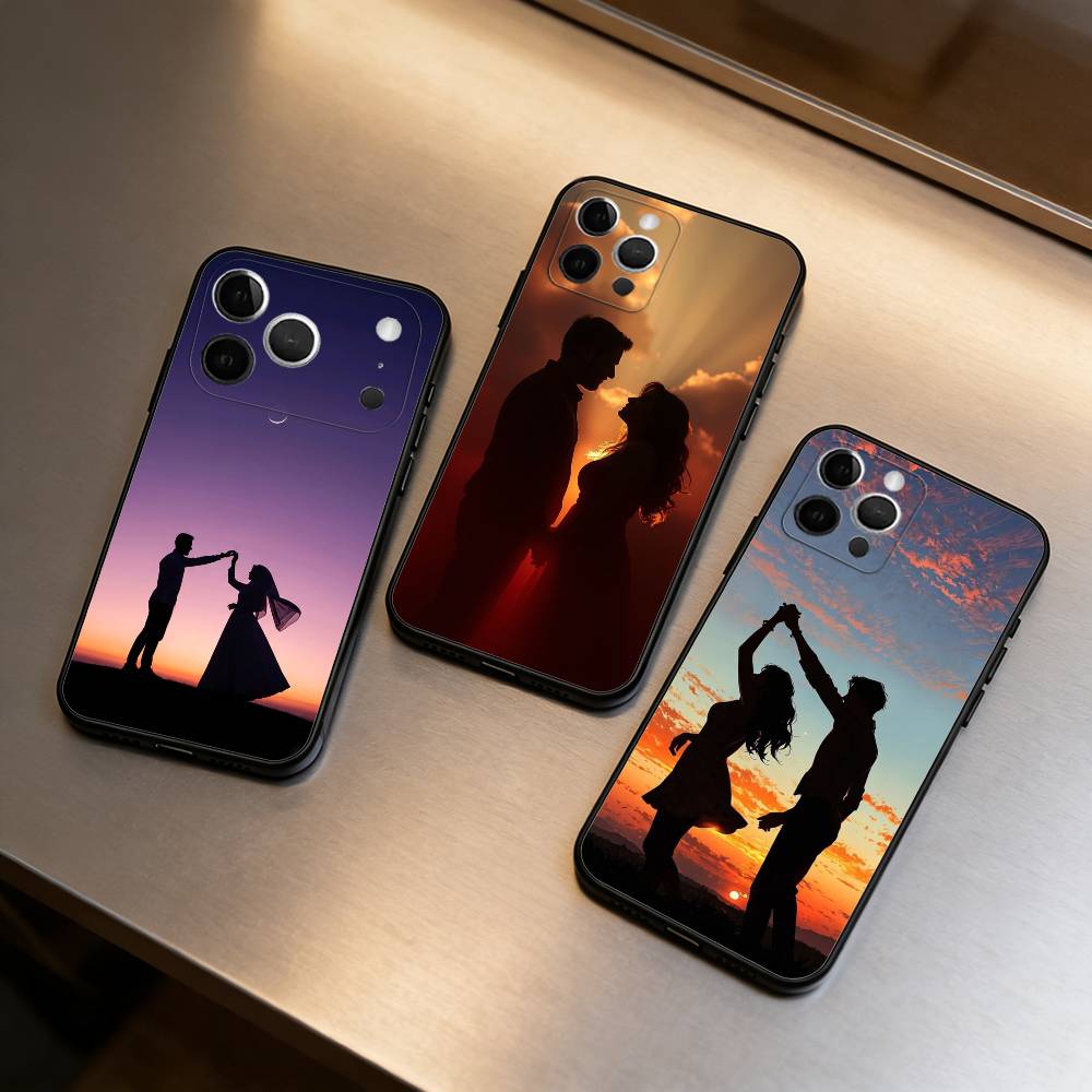 Чехол для телефона с силуэтами романтической пары для iPhone 17,16,15,14,13,12,11 Plus,Pro Max,Мягкий силиконовый черный чехол