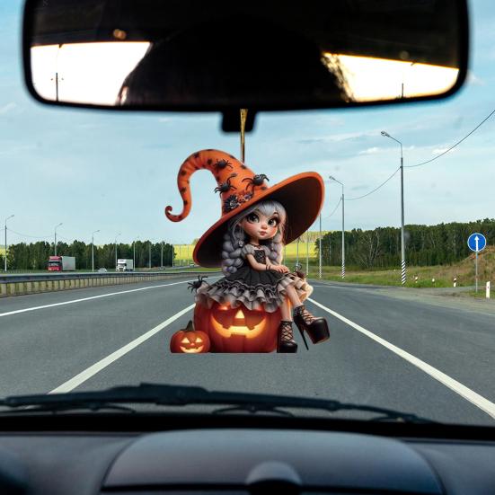 Halloween Witch Pendant Acrylic Car Charm Rearview Mirror Decoration Festive Atmosphere Scene Accessory