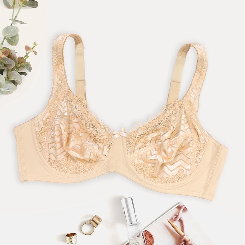 Элегантные бюстгальтеры больших размеров, женские кружевные бюстгальтеры с шевронным узором и бантом, ультратонкий кружевной бюстгальтер на косточках