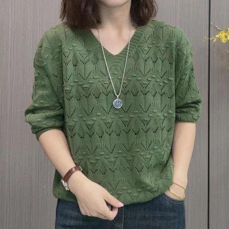 Модная блузка-свитер в западном стиле с V-образным вырезом, ажурная, тонкая, с темпераментом, универсальная, с длинным рукавом, осенняя