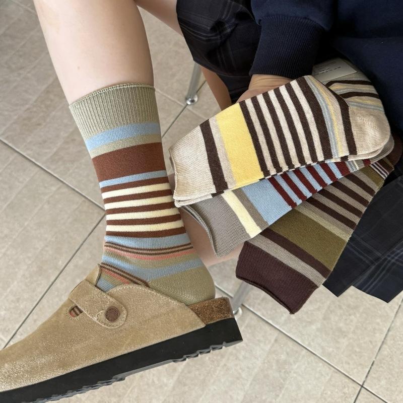 Women's Autumn and Winter Trend Personality Retro Collision Color Stripe Pure Cotton Tube Stack Socks