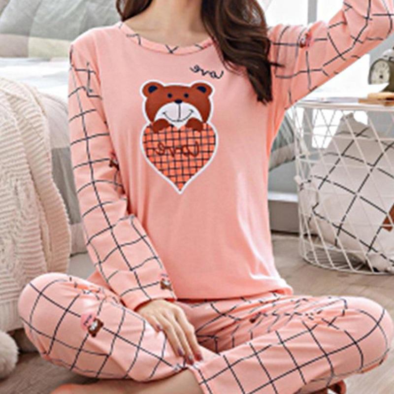 Весенне-осенняя новая пижама с длинным рукавом женская с круглым вырезом милые брюки пуловер мультяшные брюки домашняя одежда Инс тонкая