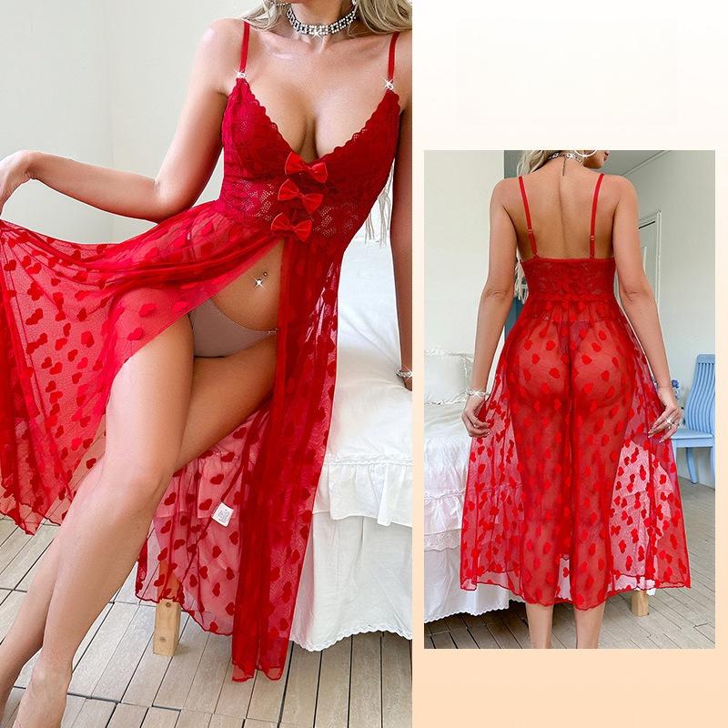 Сексуальная кружевная майка-пижама с бантом, прозрачная легкая ночная рубашка для женщин 772 Игривая женская одежда для сна с деликатными кружевными деталями