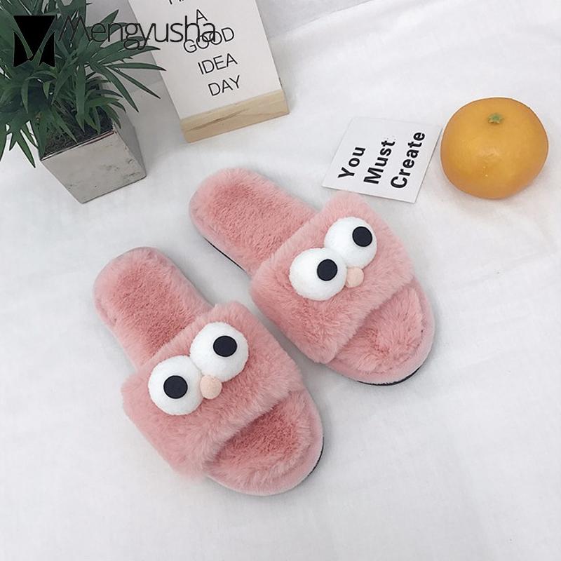 Fashion Cute Big Eyes Pom Pom Fur Shoes Women Spring Autumn Home Slippers Ladies Winter Flip Flops Cozy Warm Winter Slides