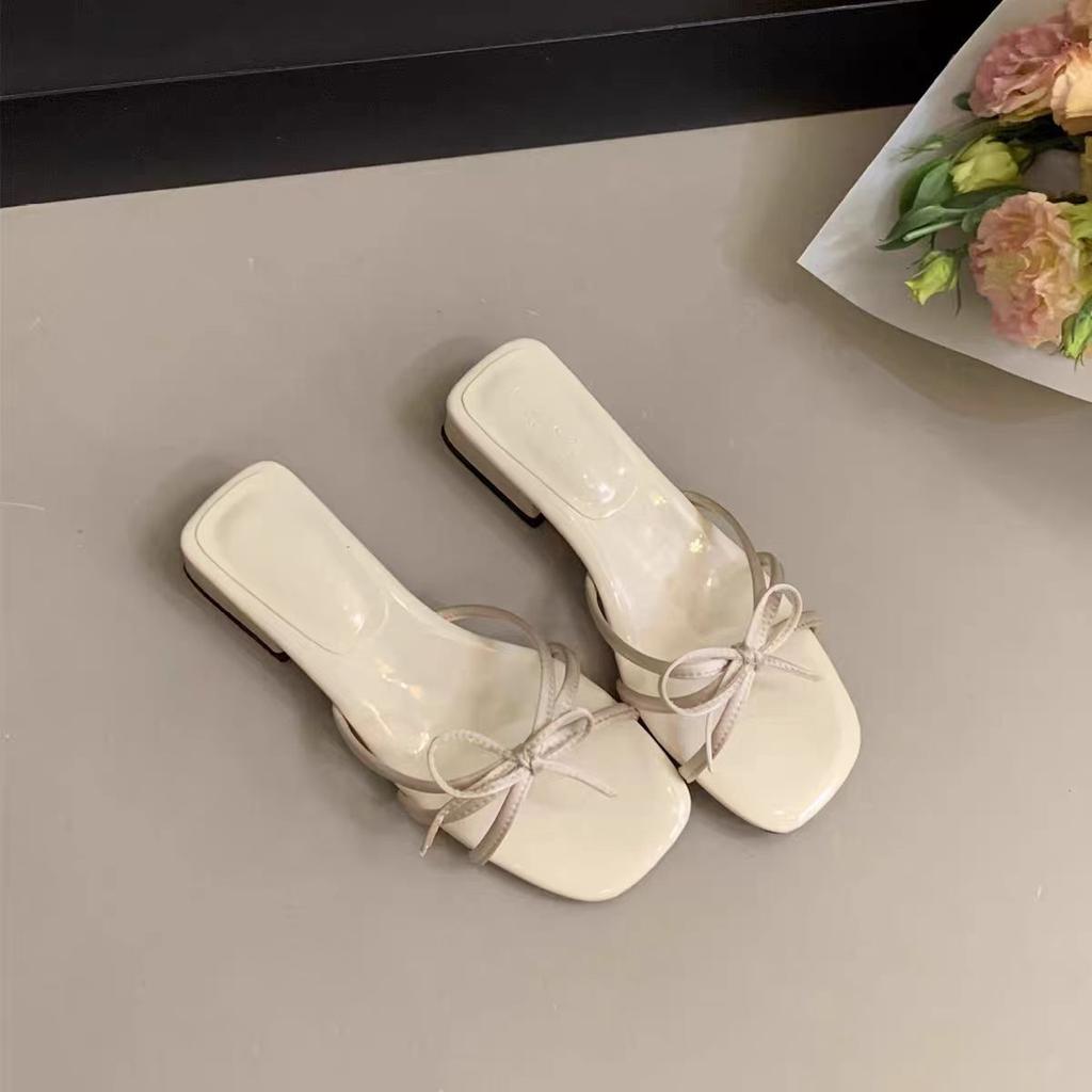 Coarse-heeled sandals for women's summer wear, bow-tie thin strap open-toed low-heeled temperament cool slippers for women's 2025 summer new models