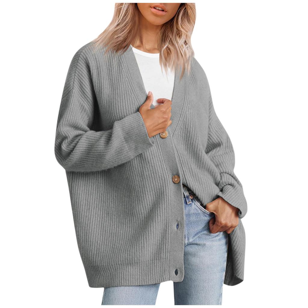 Women's Cardigan Front Oversized Button Lightweight Sweater V Neck Loose Cardigan Knitted Jacket
